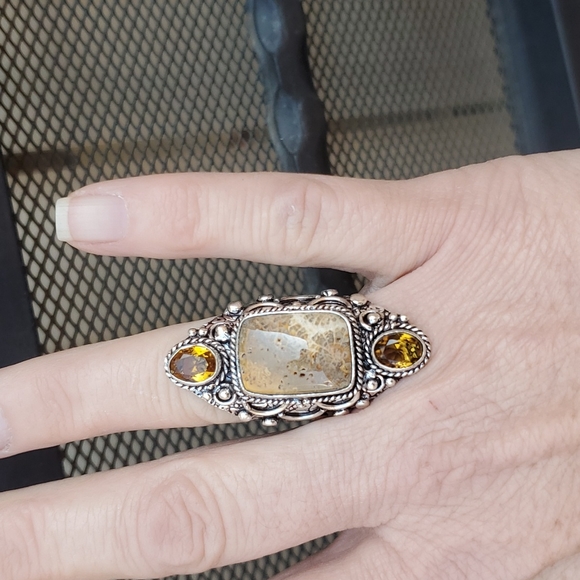 New Oversized Fossil Coral & Citrine 925 Silver Statement Ring. - Picture 6 of 13